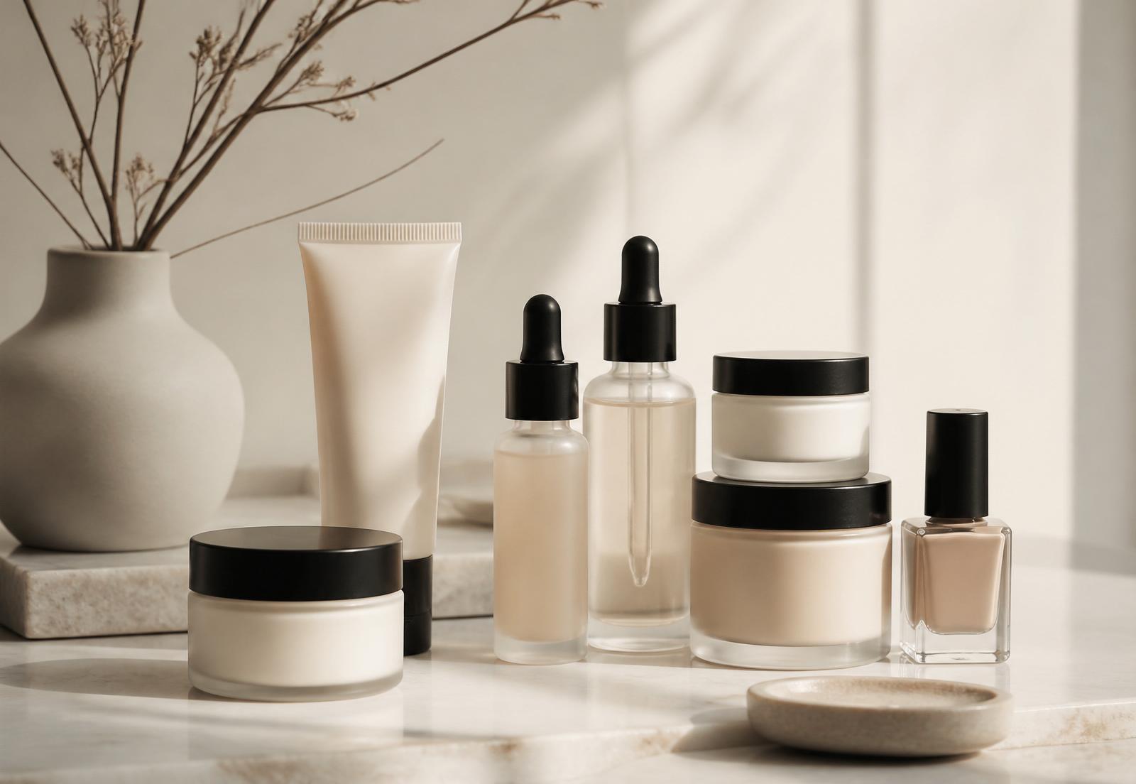 Premium beauty and consumer products arranged on a marble surface